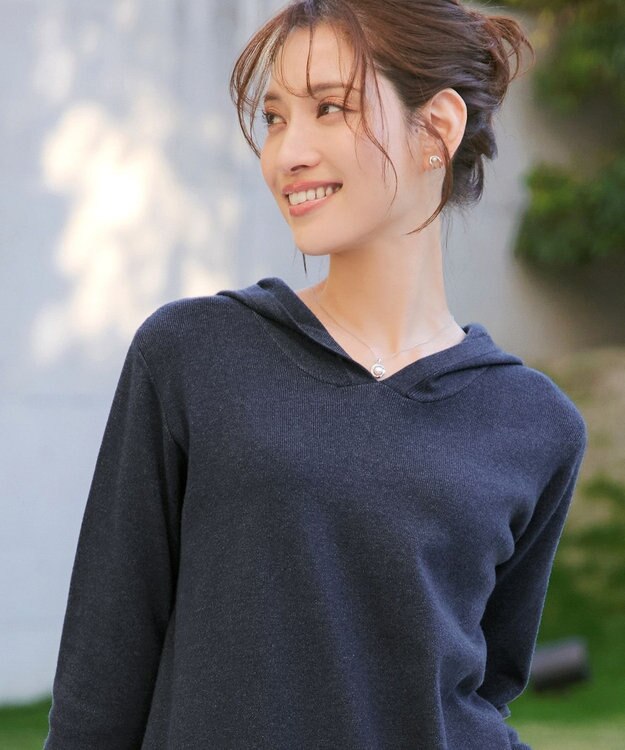 Tiaclasse メランジ配色フーディーニットチュニック ネイビー