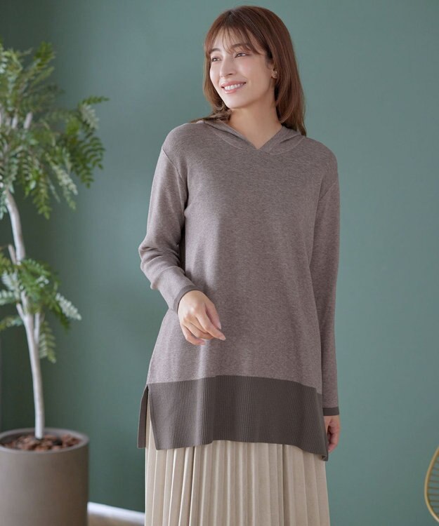 Tiaclasse メランジ配色フーディーニットチュニック モカ