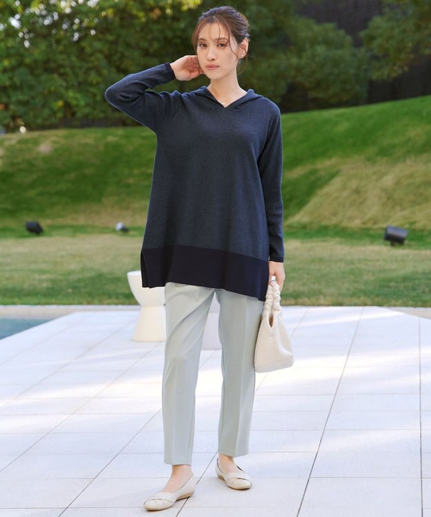 Tiaclasse メランジ配色フーディーニットチュニック ネイビー