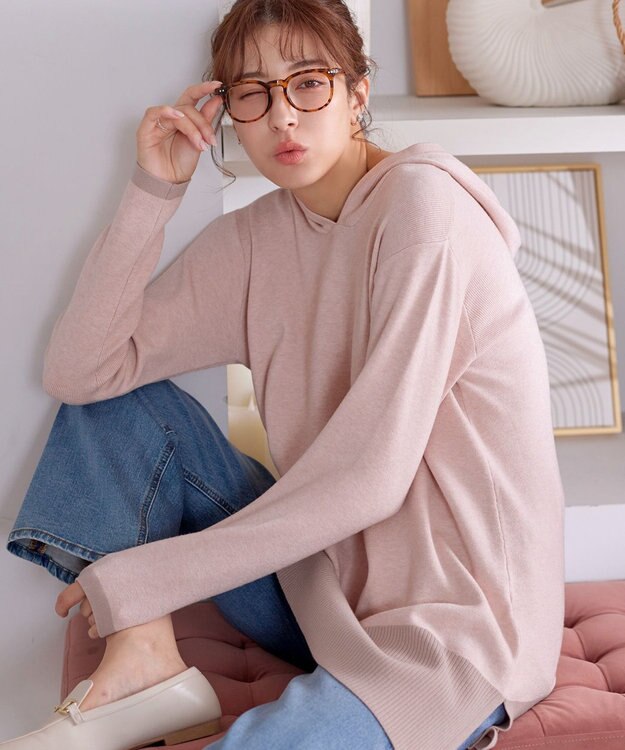 Tiaclasse L メランジ配色フーディーニットチュニック ピンク