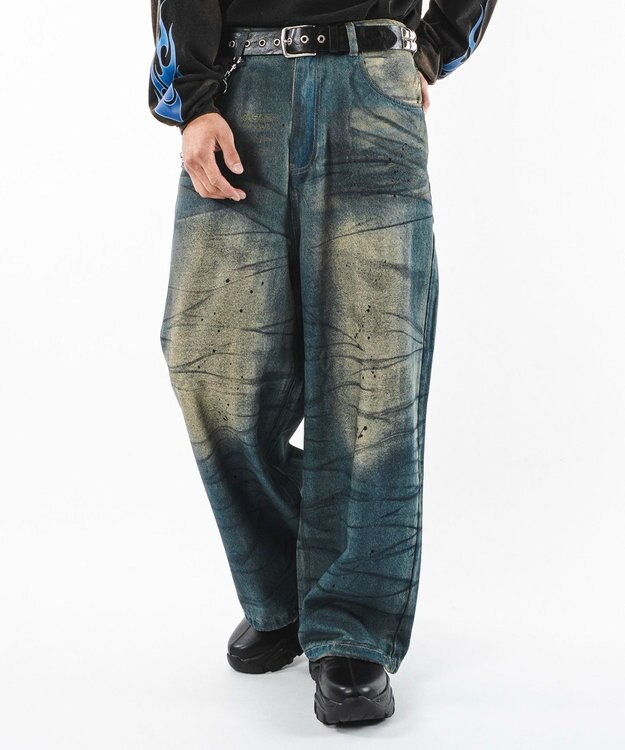 WEGO 【ユニセックス着用ITEM】スーパーバギーダーティデニムパンツ デニム中濃加工色