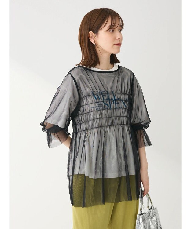 Green Parks チュールシャーリングチュニック Black