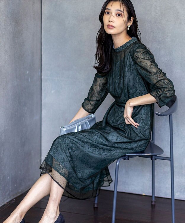 ANY SIS 【Lily calin】バイカラードットチュール ドレス ディープグリーン