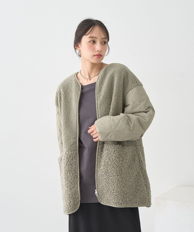 earth music&ecology ボアキルトミドルコート Khaki