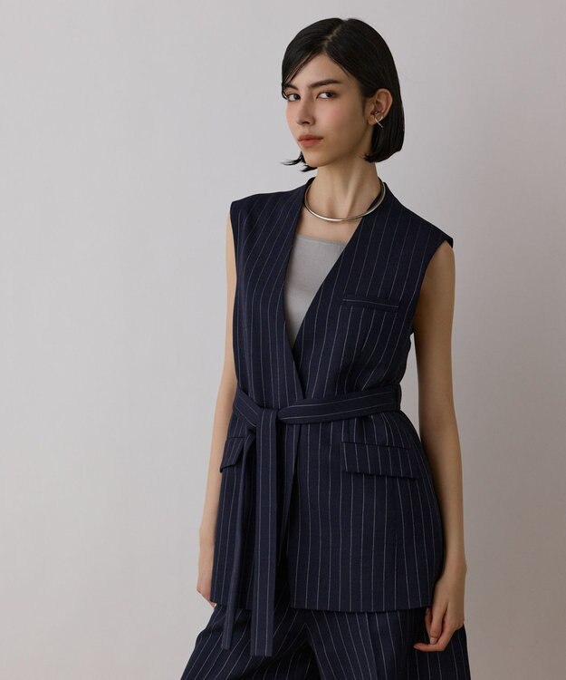 GRACE CONTINENTAL ストライプノーカラージレ ネイビー