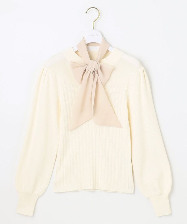 ANY SIS 【2WAY】リボン付き パフスリーブリブ ニット アイボリー
