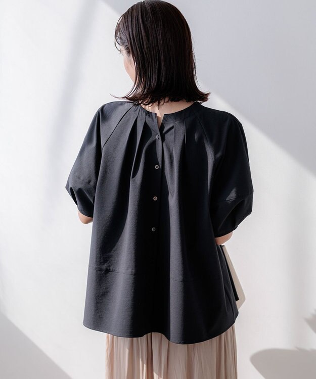 組曲 【先行予約・前後着用可】ソフトサッカーラグランスリーブ ブラウス ブラック系