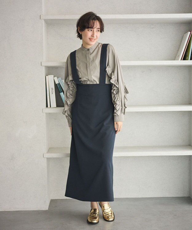 #Newans 【シワになりにくい/洗濯機可能】ラウンドフリルバンドカラーシャツ グレー