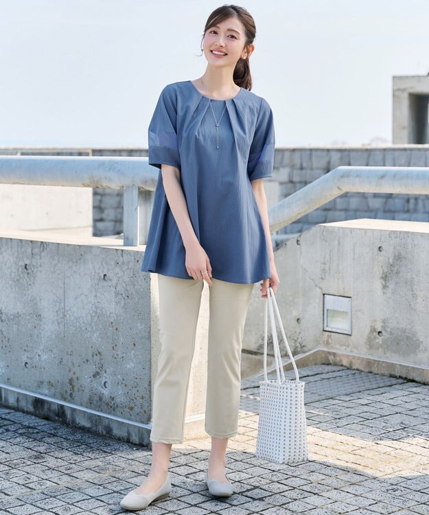 Tiaclasse シフォンランタンスリーブチュニック ブルー