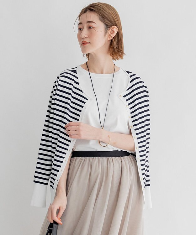 23区 S 【前後着用可能】レーヨンポリエステルストレッチ カーディガン ネイビーボーダー