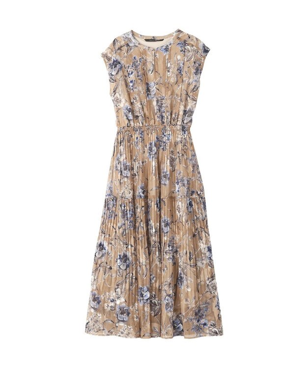YECCA VECCA フラワー柄シアープリーツワンピース Beige