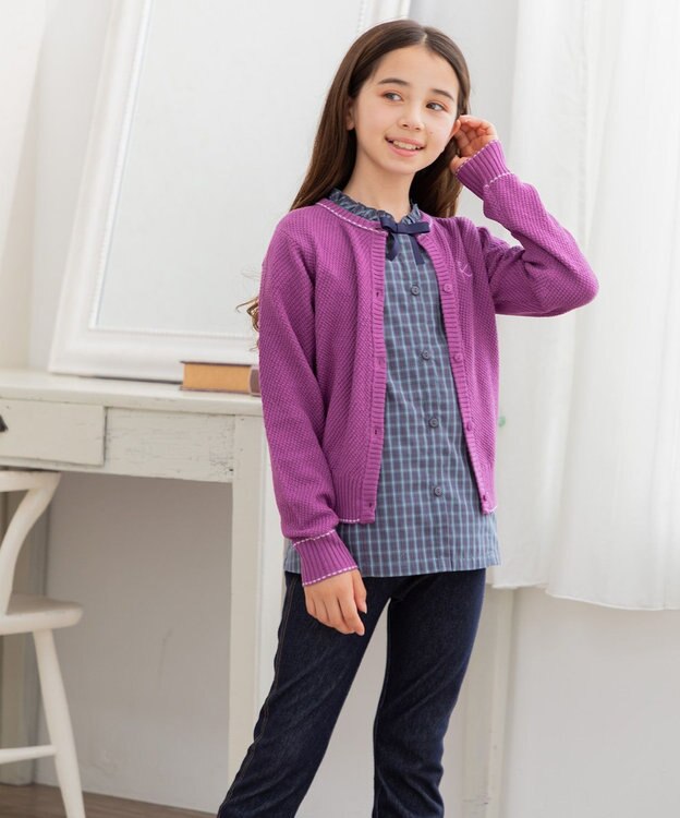 組曲 KIDS 【150-160㎝】チェックラッフル ブラウス ブルーグレー系3