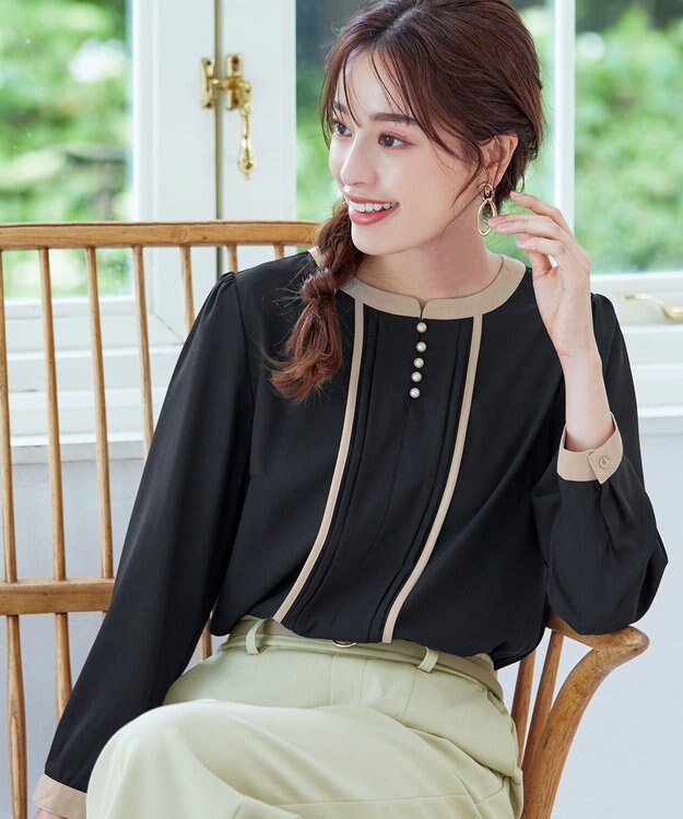 Tiaclasse 【洗える】ピンタック配色ブラウス ブラック×ベージュ