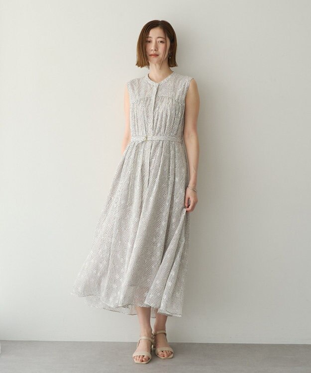 YECCA VECCA シアードット柄ギャザーワンピース Off White