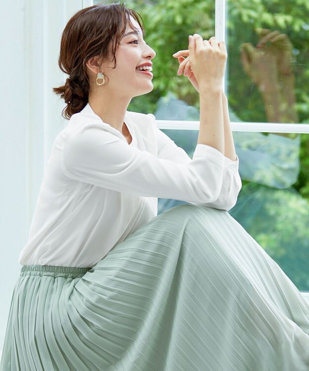 Tiaclasse 【洗える】ピンタック配色ブラウス オフホワイト