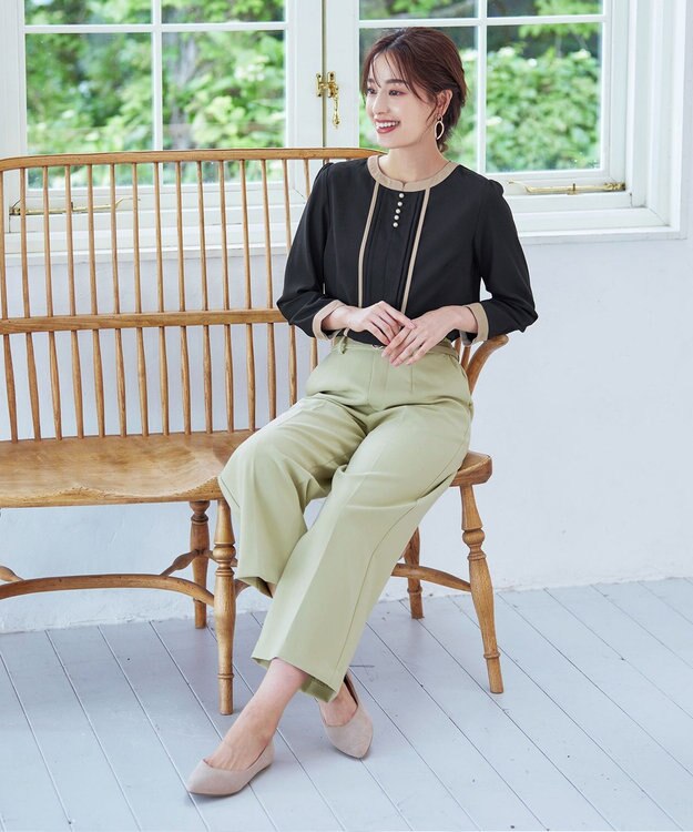 Tiaclasse 【洗える】ピンタック配色ブラウス ブラック×ベージュ