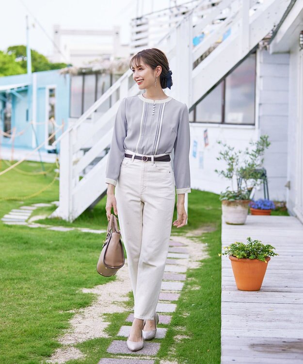 Tiaclasse L 【洗える】ピンタック配色ブラウス サックス×アイボリー