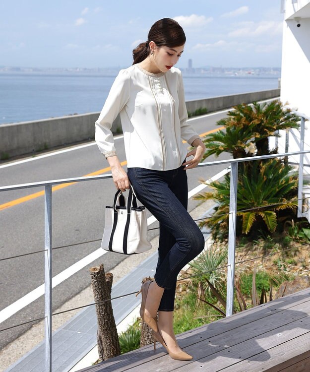 Tiaclasse L 【洗える】ピンタック配色ブラウス アイボリー×ベージュ