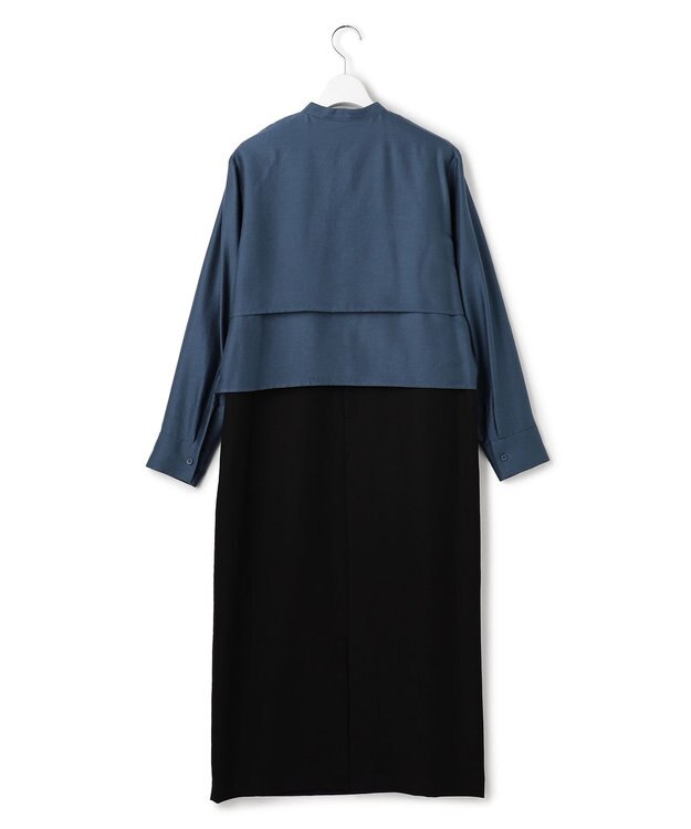 ICB 【洗える】ウールワッシャーツイル シャツドッキング ワンピース ブルーグレー×ブラック