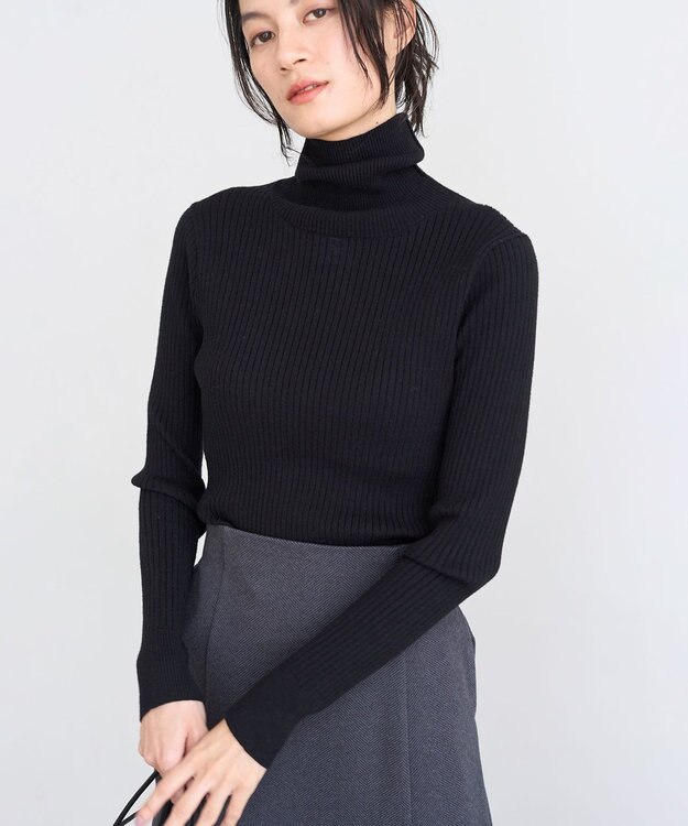 UNFILO 【吸湿発熱】リブ タートルネック ニット ブラック