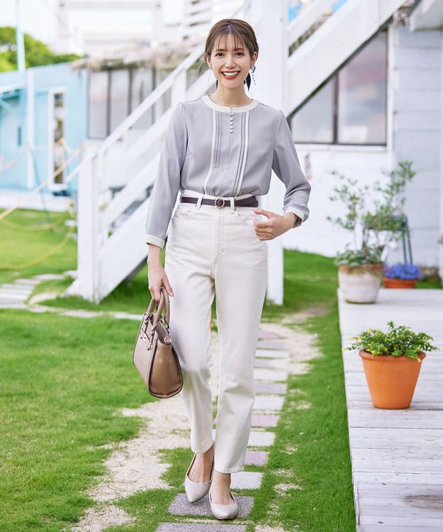 Tiaclasse L 【洗える】ピンタック配色ブラウス サックス×アイボリー