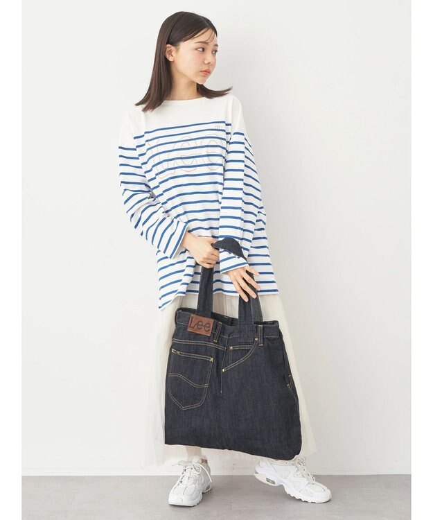 earth music&ecology Ｌｅｅ×ｅ．ｍ．ａ．ｅ　ＢＯＲＤＥＲ　Ｌ／Ｓ　ＴＥＥ Blue