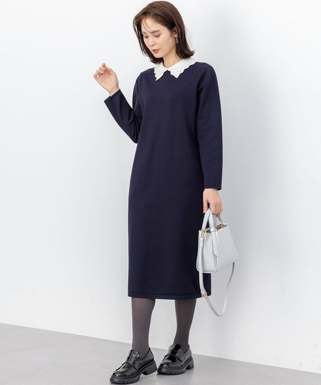 組曲 L レースライク襟付きニットワンピース ネイビー系