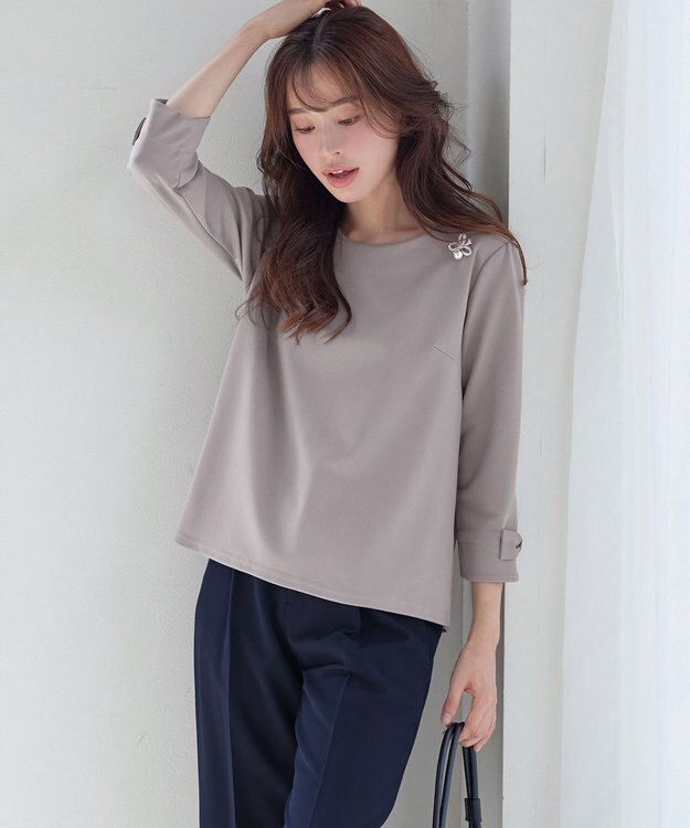 Tiaclasse 【洗える】リボン袖ポンチトップス グレージュ