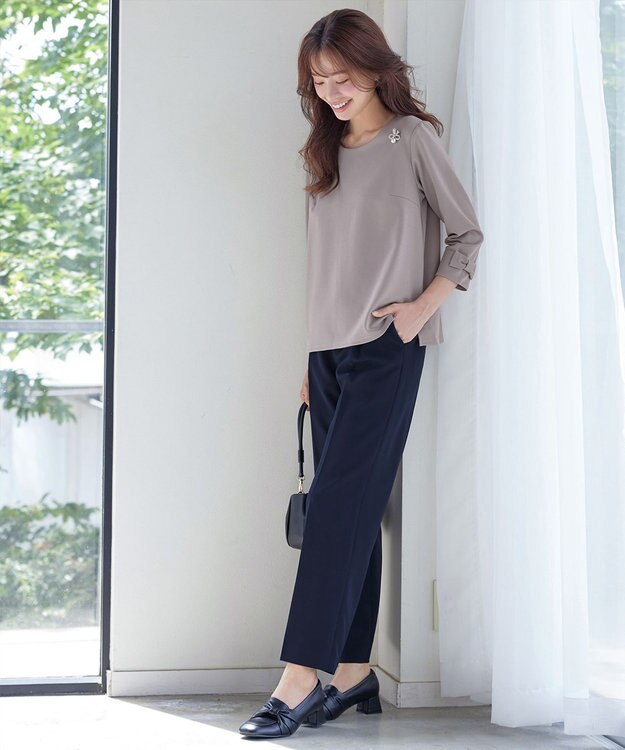 Tiaclasse 【洗える】リボン袖ポンチトップス グレージュ