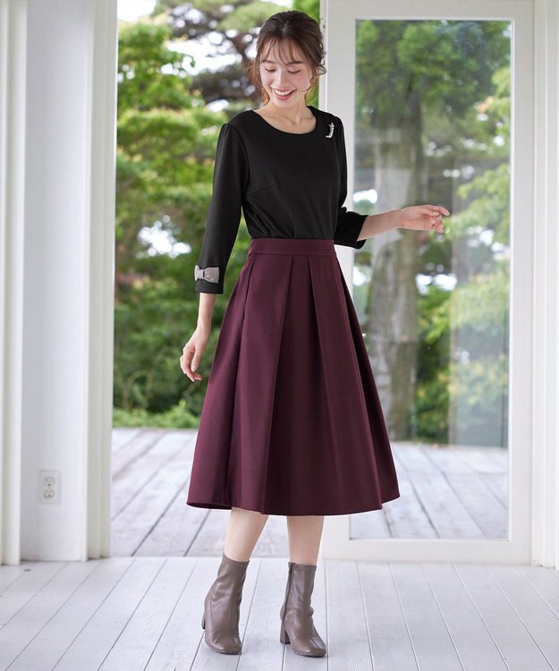 Tiaclasse 【洗える】リボン袖ポンチトップス ブラック×グレージュ