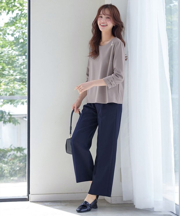 Tiaclasse L 【洗える】リボン袖ポンチトップス グレージュ