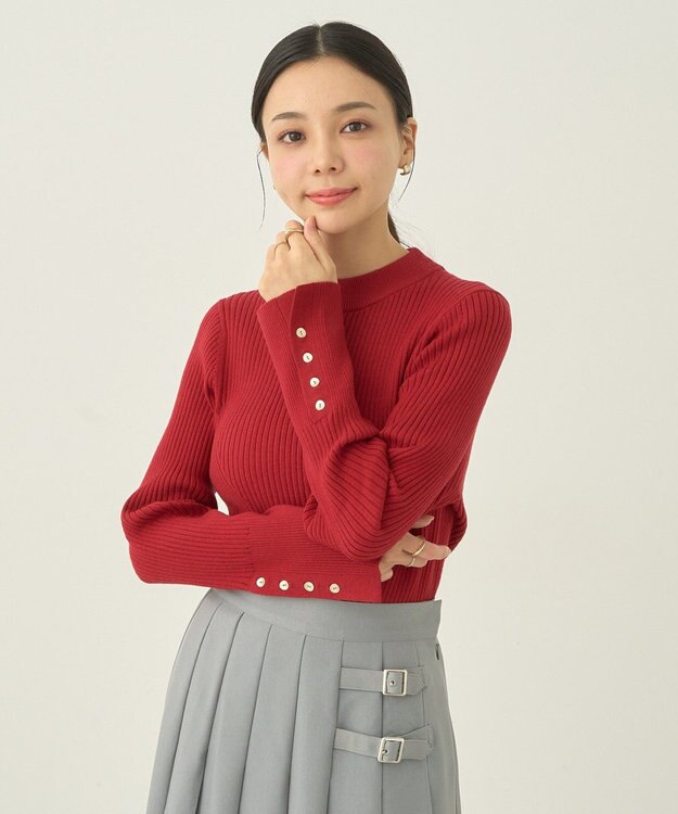 earth music&ecology スリーブ釦ニットプルオーバー Red