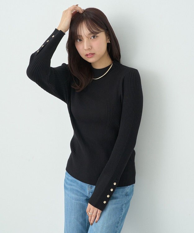 earth music&ecology スリーブ釦ニットプルオーバー Black