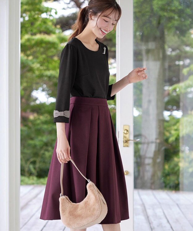 Tiaclasse 【洗える】リボン袖ポンチトップス ブラック×グレージュ