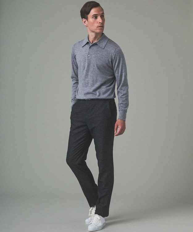 GOTAIRIKU オリジナル設計【洗える/チクチクしにくい/ピリングしにくい】イタリア糸 ハイゲージ  ニットポロ_WOOL100% ライトグレー系