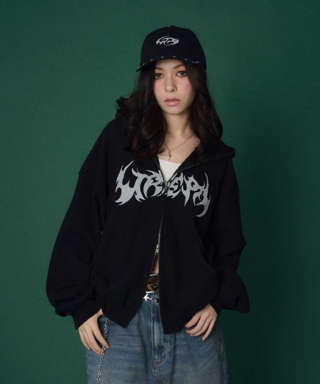 WEGO 【ユニセックス着用ITEM】ワッフルグラフィックカットZIPパーカー ブラック