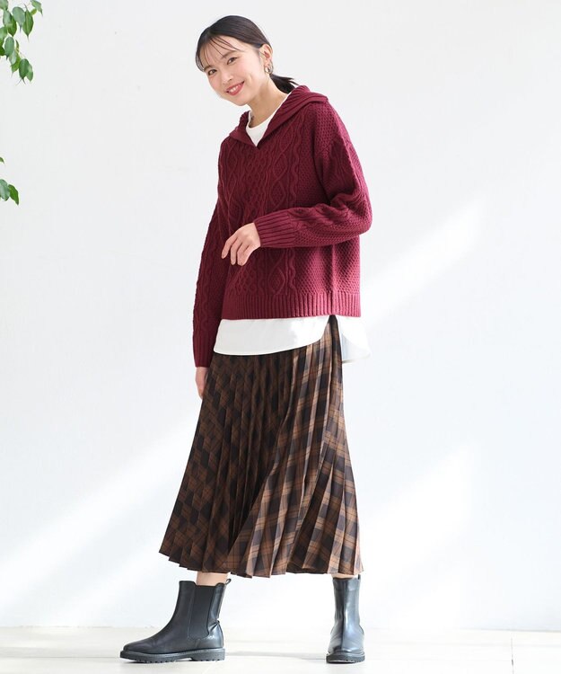 ANY 【洗濯機可】スキッパーソフトタッチアラン柄ニット ボルドー