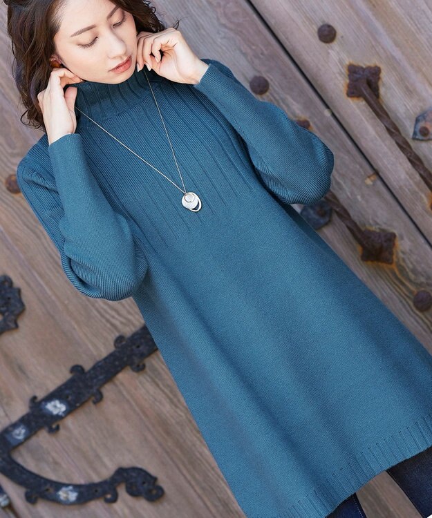 Tiaclasse L 【洗える】もっちり柔らかいハーフリブニットチュニック ブルー