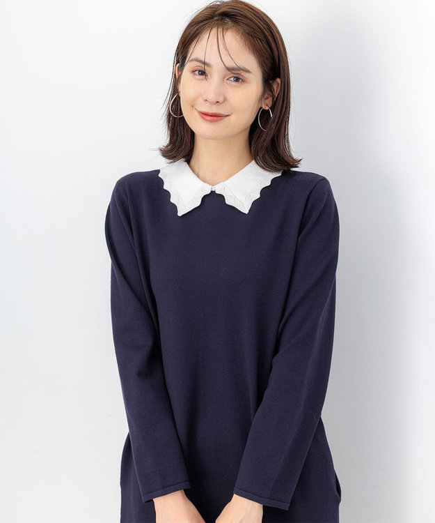 組曲 L レースライク襟付きニットワンピース ネイビー系