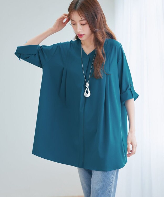 Tiaclasse L 【洗える】ストレッチタフタタックチュニックブラウス ターコイズ