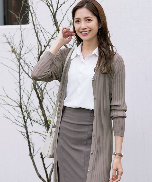 Tiaclasse 【洗える】ベルト付きランダムリブロングカーディガン グレージュ