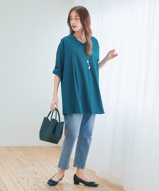 Tiaclasse L 【洗える】ストレッチタフタタックチュニックブラウス ターコイズ