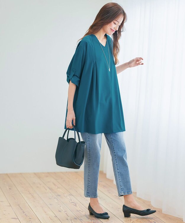 Tiaclasse L 【洗える】ストレッチタフタタックチュニックブラウス ターコイズ