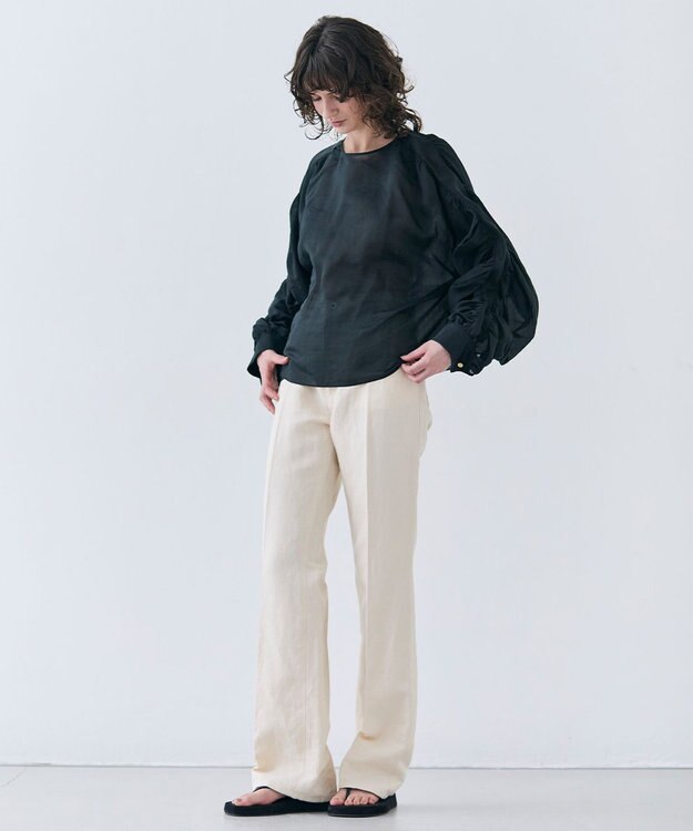 BEIGE， 【洗える】PAULINE / タックギャザーリネンボリュームブラウス Black