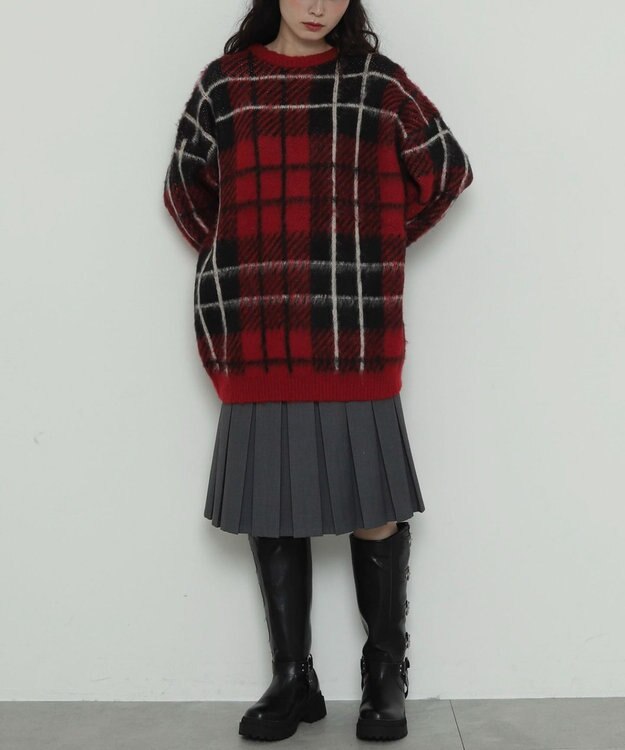 WEGO 【2025年秋冬新作】シャギーパターンニットBIGプルオーバー レッドチェック1