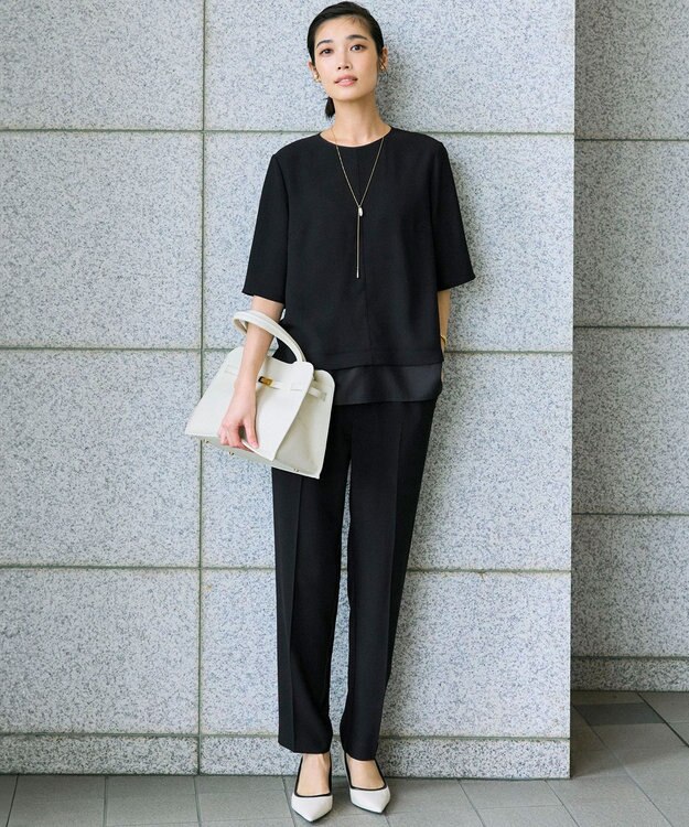 23区 【吸水速乾/UVカット/接触冷感】ストレッチジョーゼット シアーコンビ カットソー ブラック系