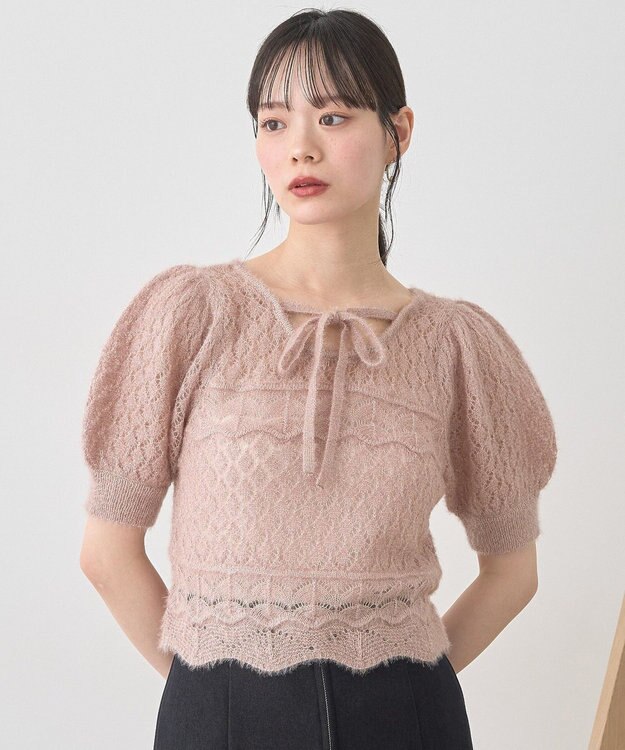 earth music&ecology キャットヤーン透かし編みニットプルオーバー Beige