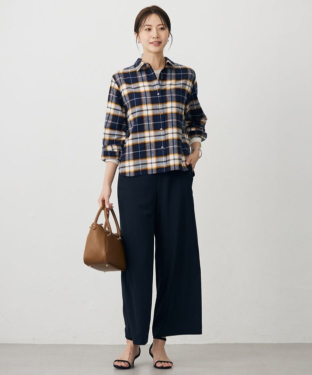 J.PRESS LADIES S コットン起毛タータンチェック ショート丈 シャツ ブラウス ネイビー×オフ×イエローチェック系