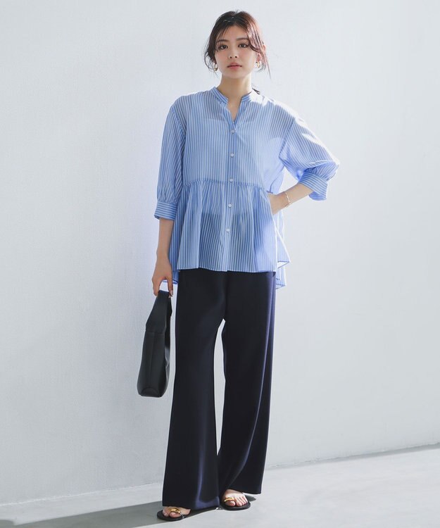 UNFILO ペプラム ギャザーブラウス ブルーストライプ