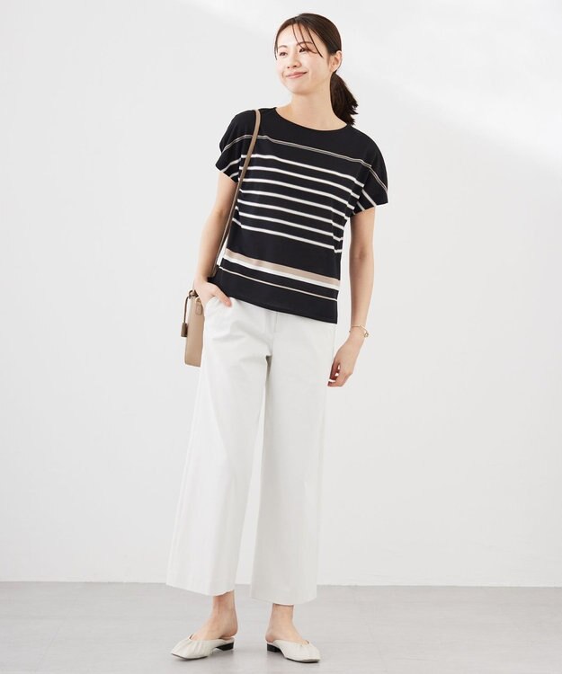 J.PRESS LADIES L パネルボーダー フレンチスリーブ カットソー ブラック系1